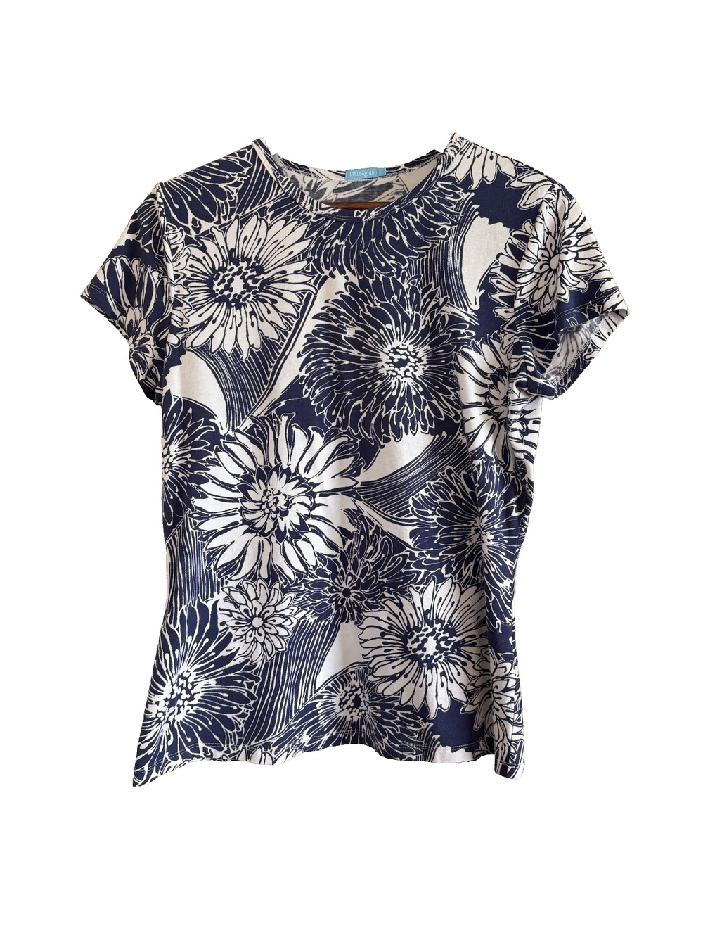 J. McLaughlin Blue & White Floral Women's Short Sleeve T-Shirt Slim Fit Large
